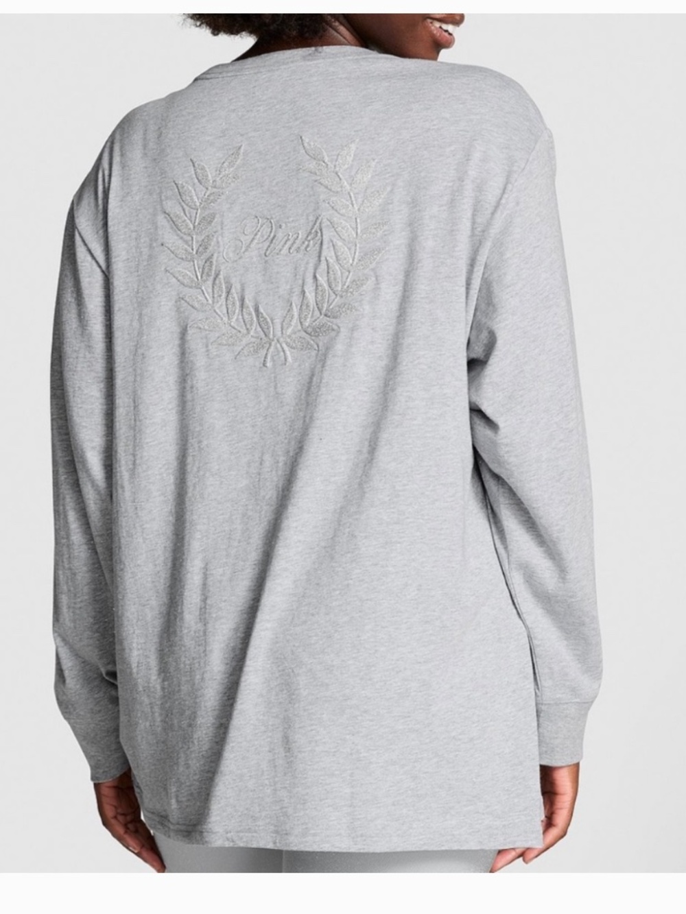 PINK Victorias Secret Grey Campus Cotton Shimmering Long Sleeve Logo Tee Size XS